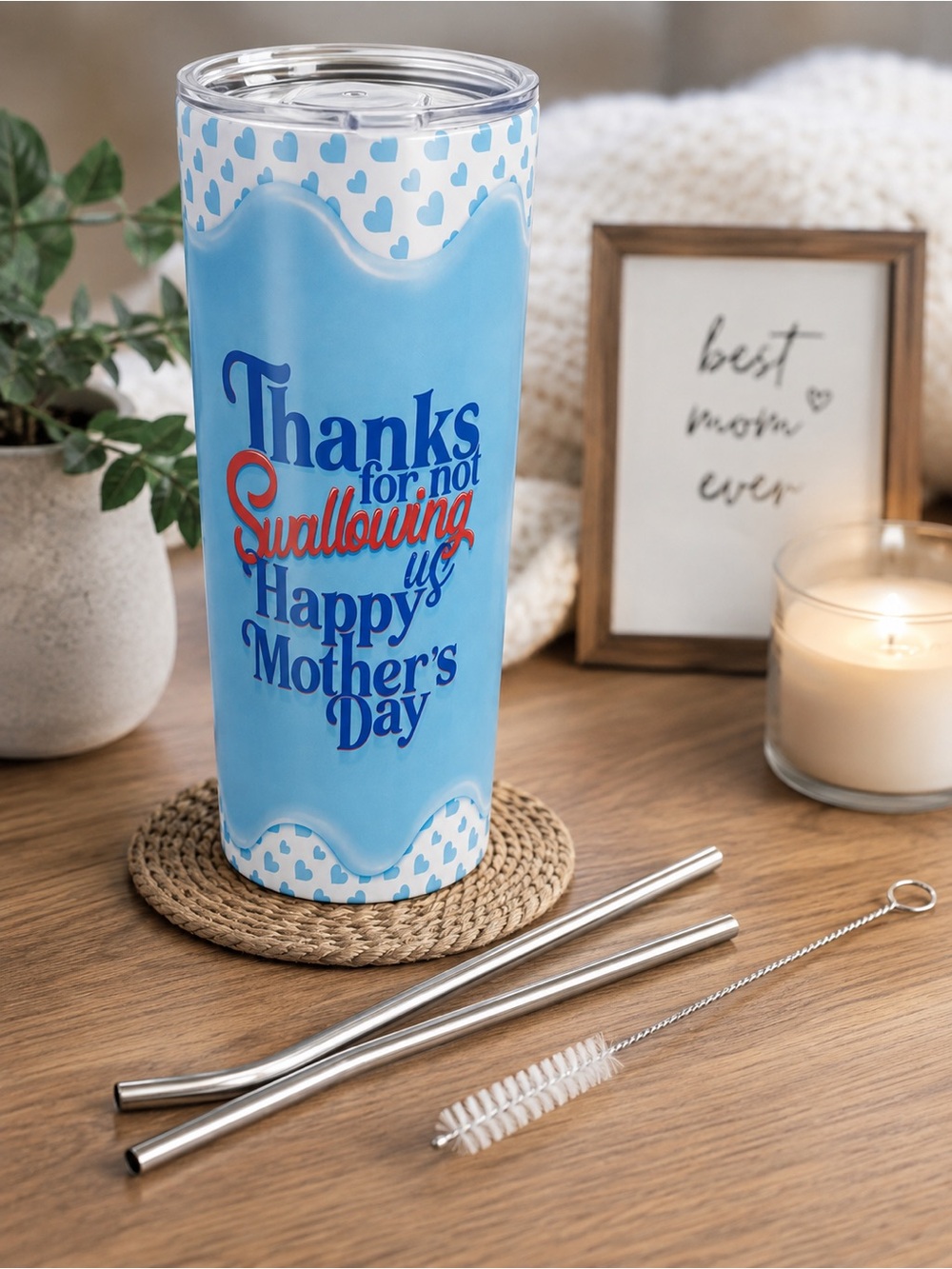 Abella Blue Heart Mother's Day Stainless Tumbler with Straw